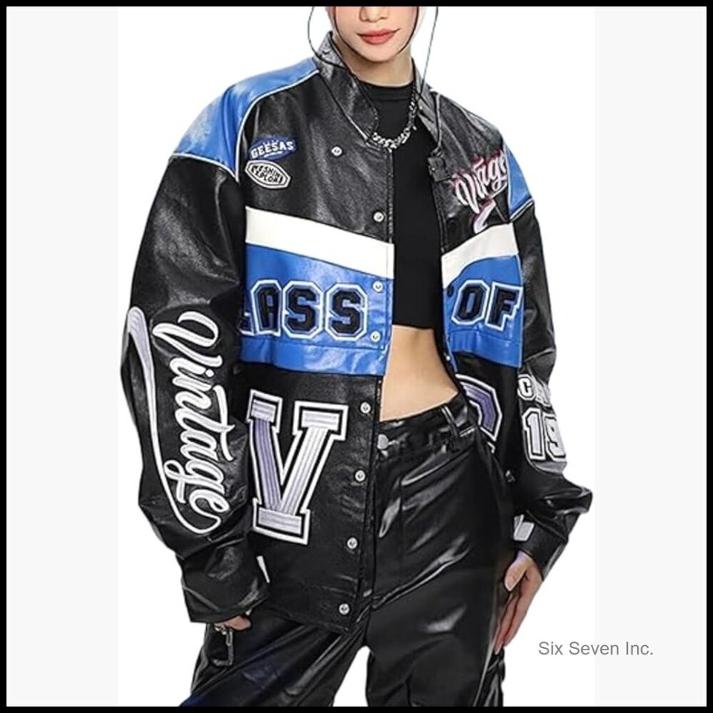 Polyurethane Leather Varsity Jacket Oversized Letterman Racing Bomber Coat